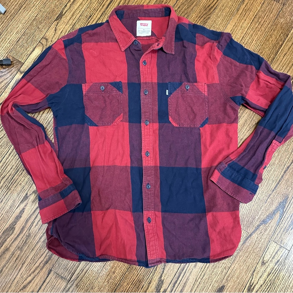 Levis Mens Red Blue Plaid Long Sleeve Button Casual Shirt Sizeā XL